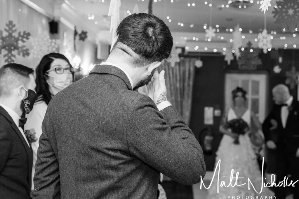 Groom crying at Dimple Well Lodge Wakefield