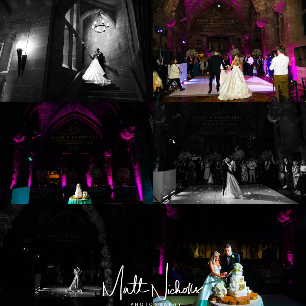 Evening reception and first dance at Peckforton Castle
