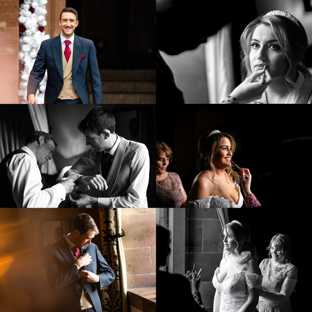 Bride and Groom getting ready at Peckforton Castle
