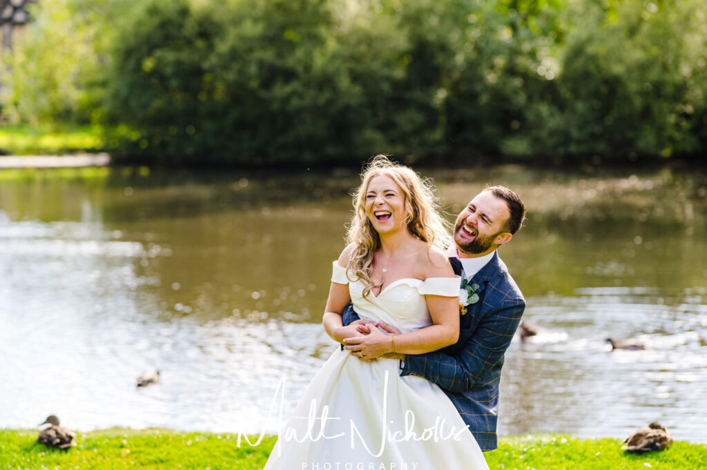 Bride and Groom on their wedding day at Georgine and Josh post Covid wedding day at East Riddlesden Hall
