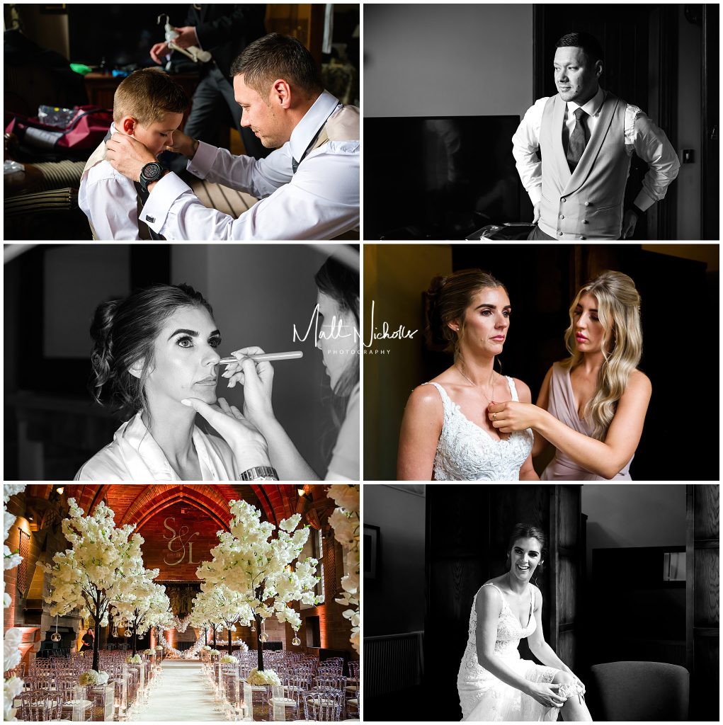 Bride getting ready in the lodge at Peckforton Castle wedding venue