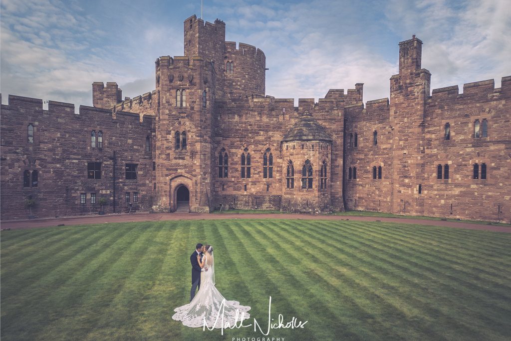 A bride and groom on their wedding day at Peckforton Castle