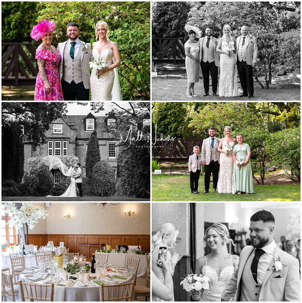 Group photographs and some bride and groom photographs at Nunsmere Hall Wedding Venue in Cheshire