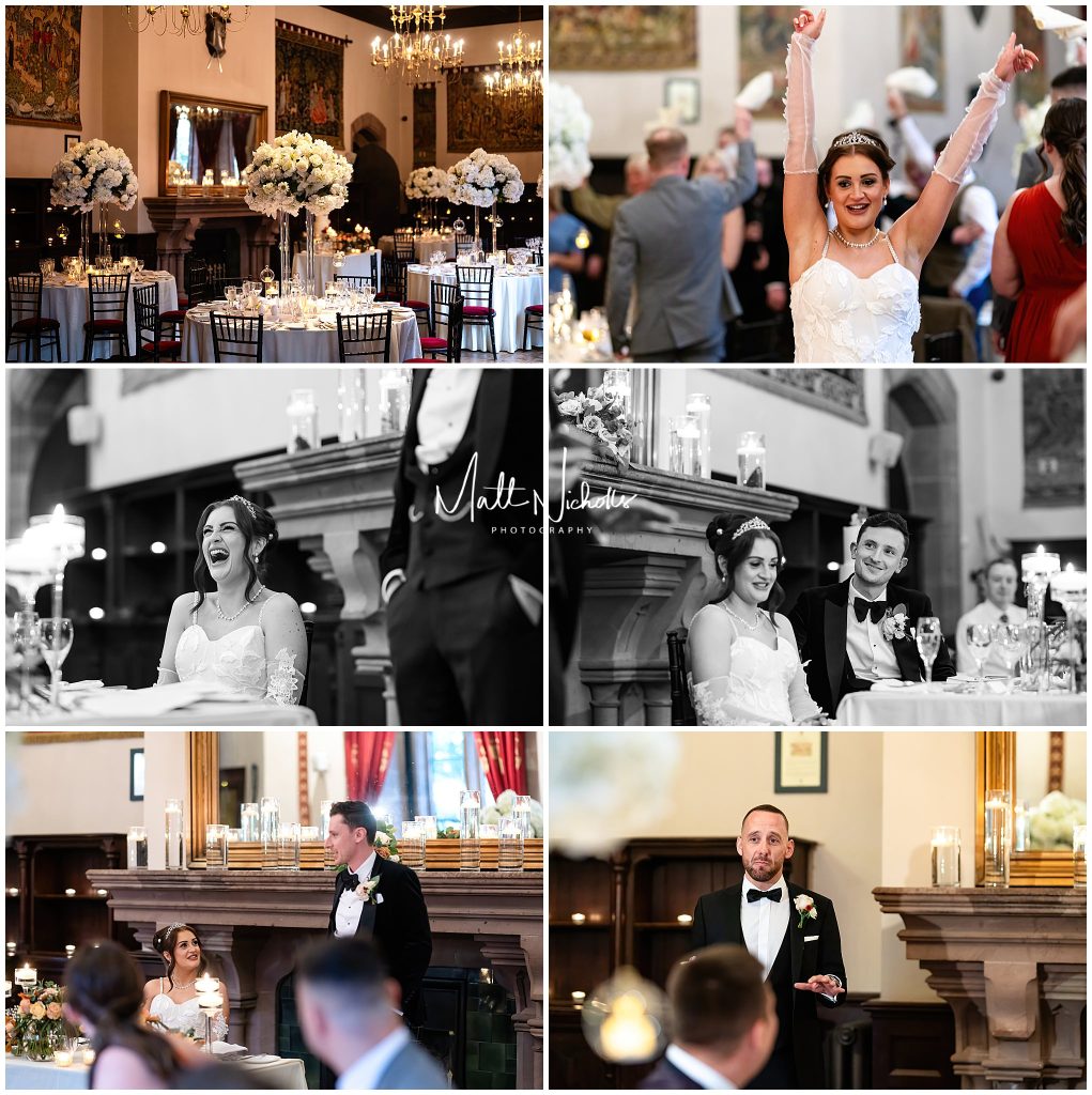 Wedding breakfast and speeches at Peckforton Castle wedding venue in Cheshire