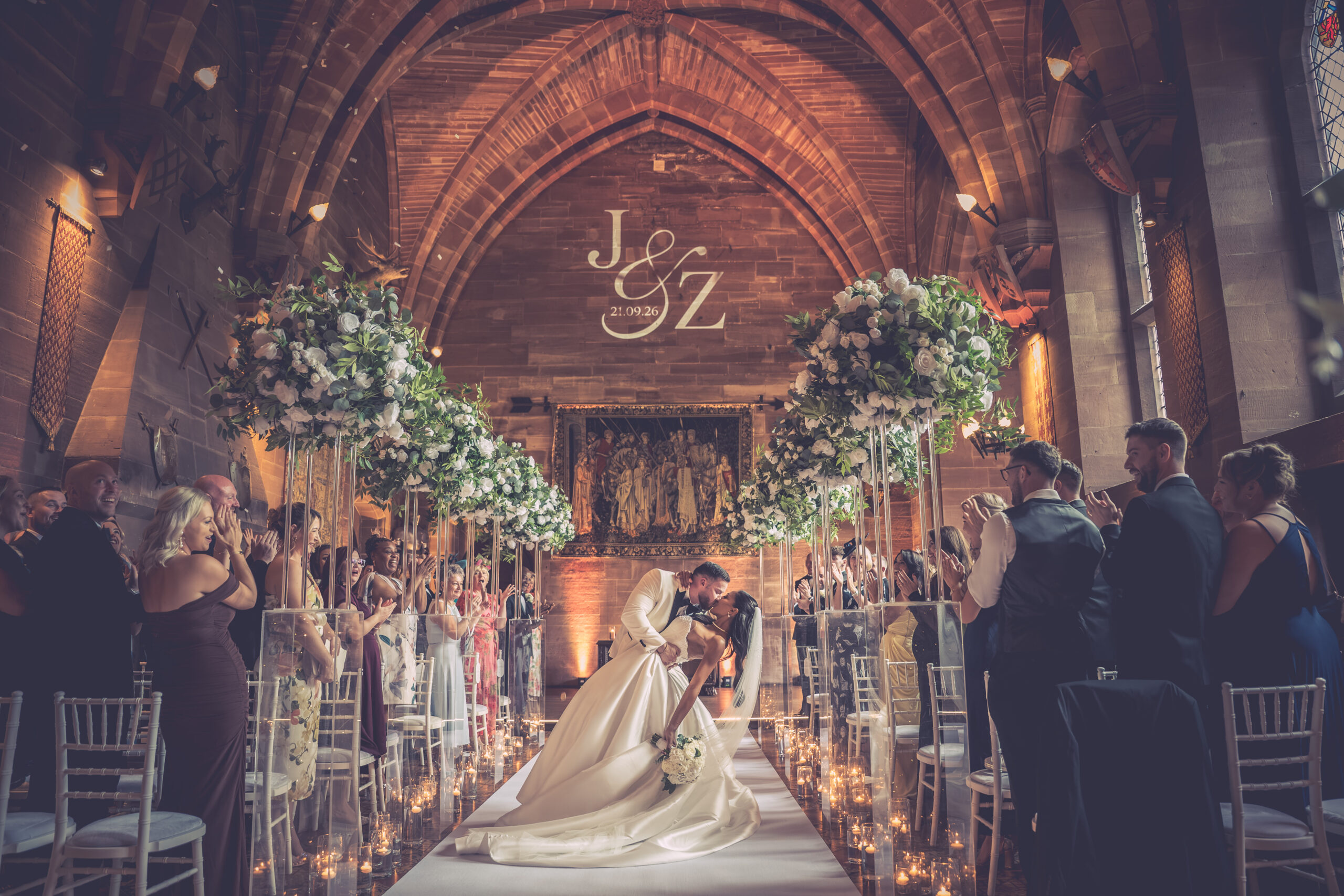 Bride and Groom in The Great Hall at Peckforton Castle