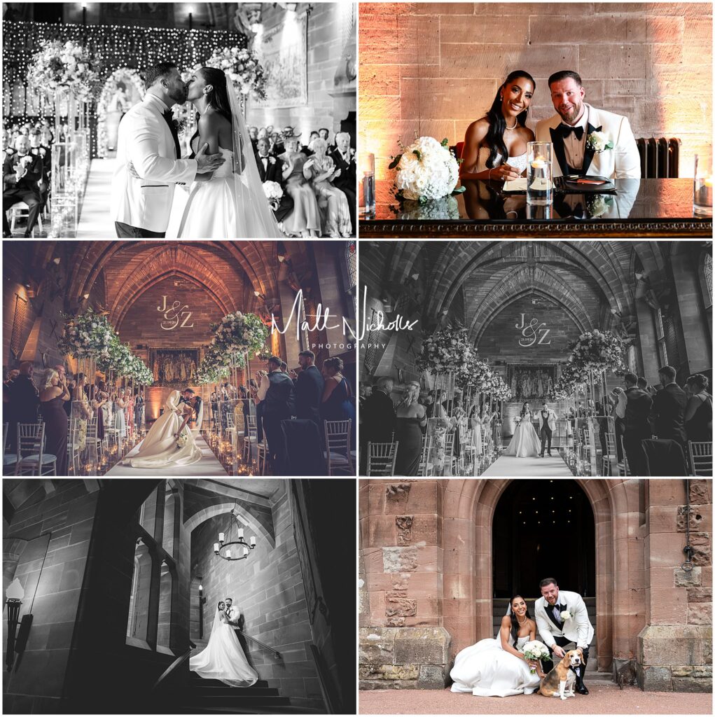 Ceremony and forst kiss at Peckforton Castle