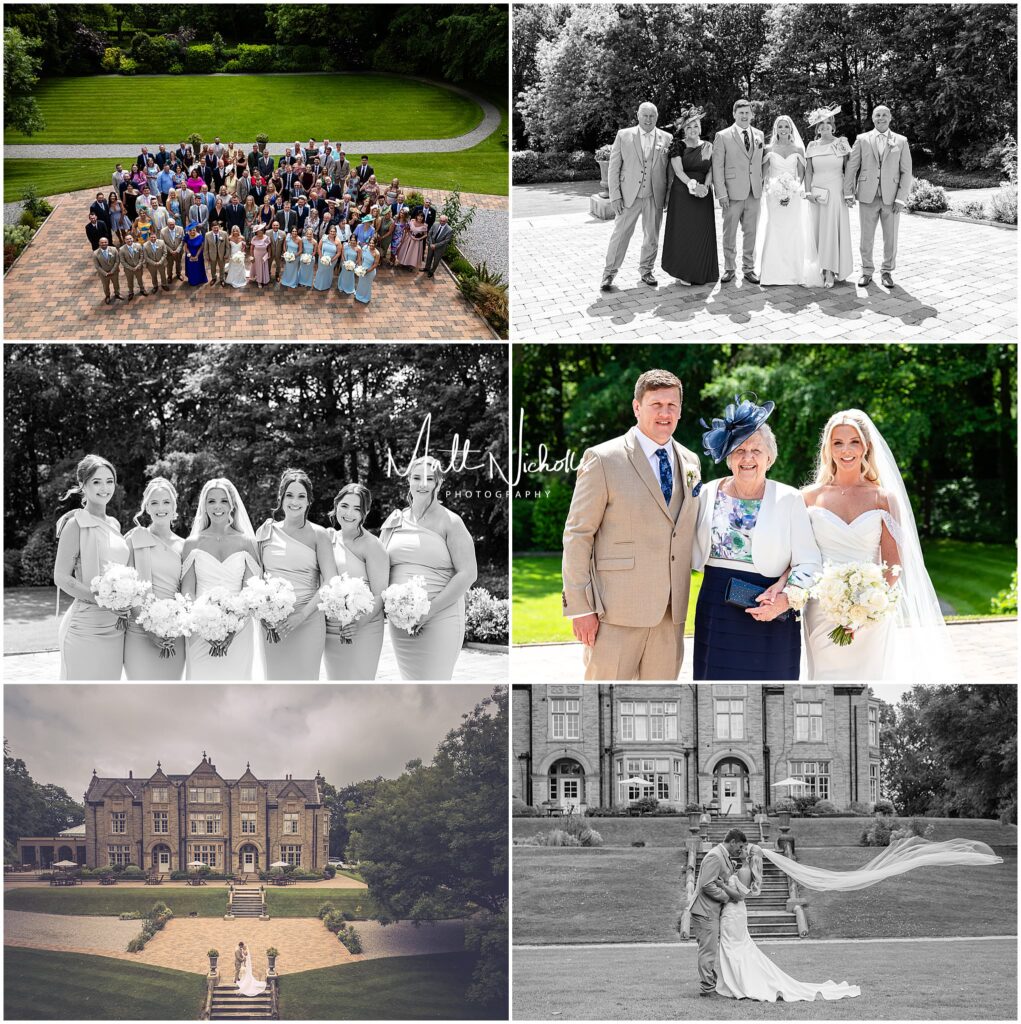 Formal group portraits in the gardens at Woodlands Hotel in Leeds